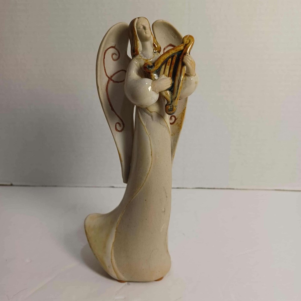 Angel Figurine Ceramic Harp Player Beige Brown Home Decor Religious Statue‎